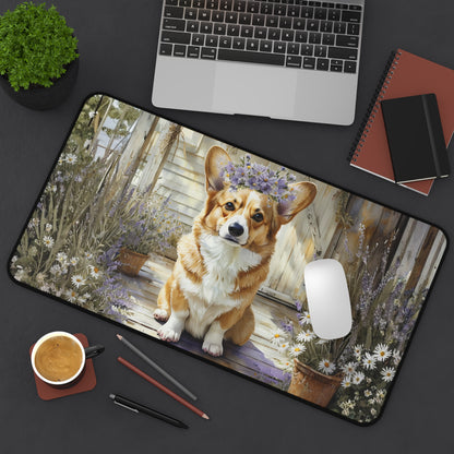 Corgi on Porch Floral Crown Desk Mat | Cute Dog Mouse Pad