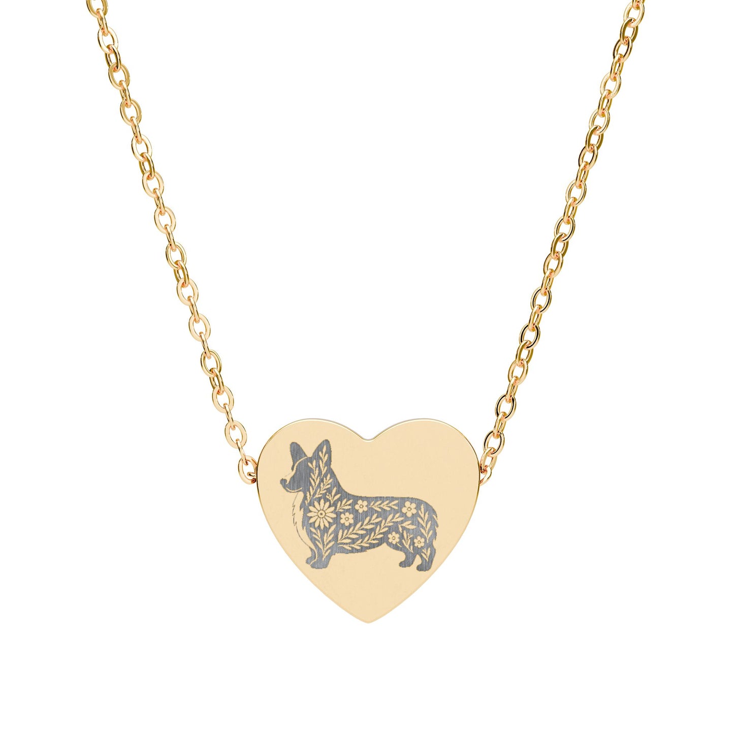 Engraved Floral Corgi Heart Necklace | Corgi Mom Gift, Dog Lover Jewelry, Pet Memorial Pendant