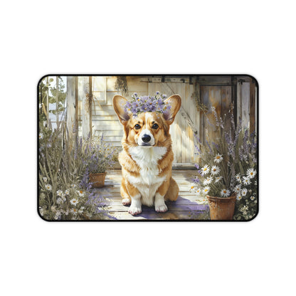 Corgi on Porch Floral Crown Desk Mat | Cute Dog Mouse Pad