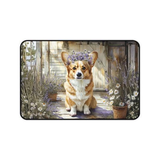 Corgi on Porch Floral Crown Desk Mat | Cute Dog Mouse Pad
