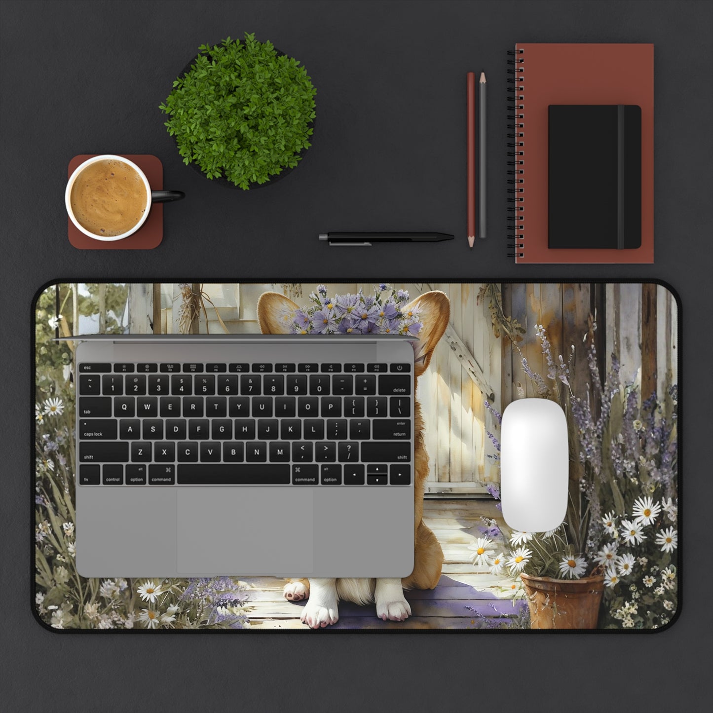 Corgi on Porch Floral Crown Desk Mat | Cute Dog Mouse Pad