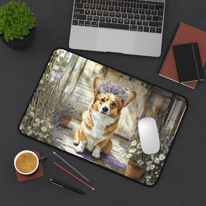 Corgi on Porch Floral Crown Desk Mat | Cute Dog Mouse Pad