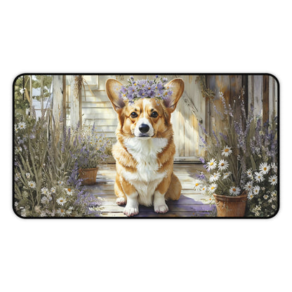 Corgi on Porch Floral Crown Desk Mat | Cute Dog Mouse Pad