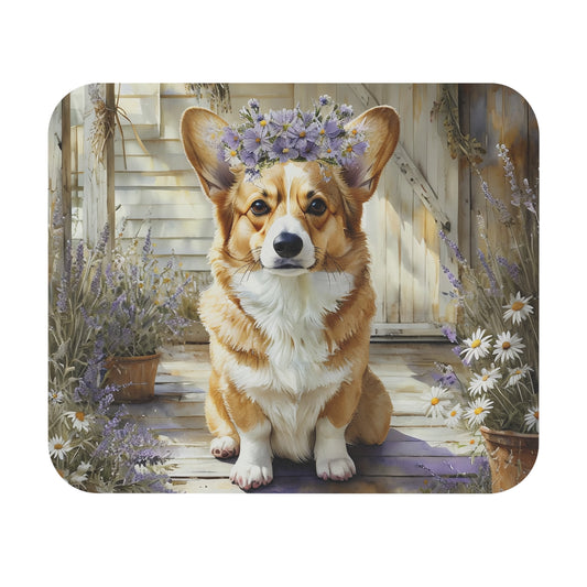 Corgi with Flower Crown Mouse Pad | Floral Cottage Desk Mat