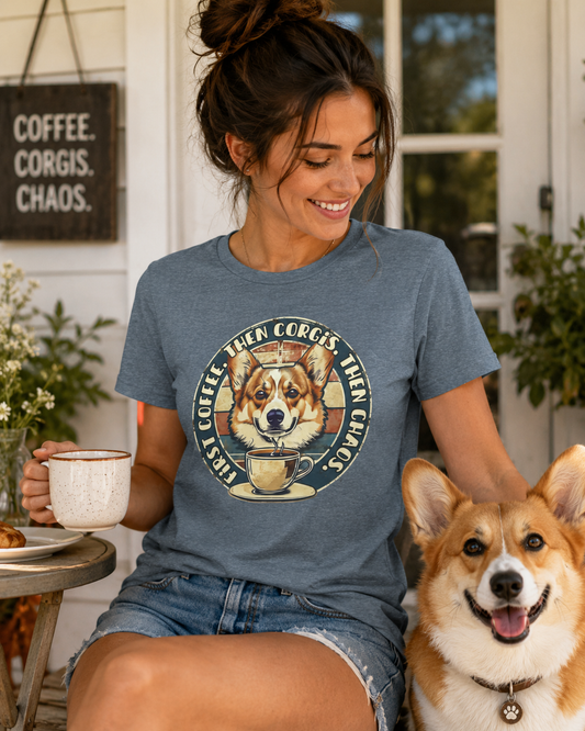 First Coffee. Then Corgis. Then Chaos. — Vintage Corgi T-Shirt