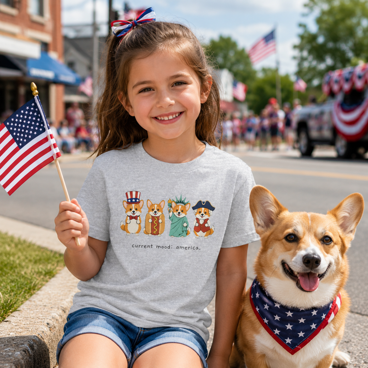 Current Mood: America — Fourth of July Corgi Kids Tee