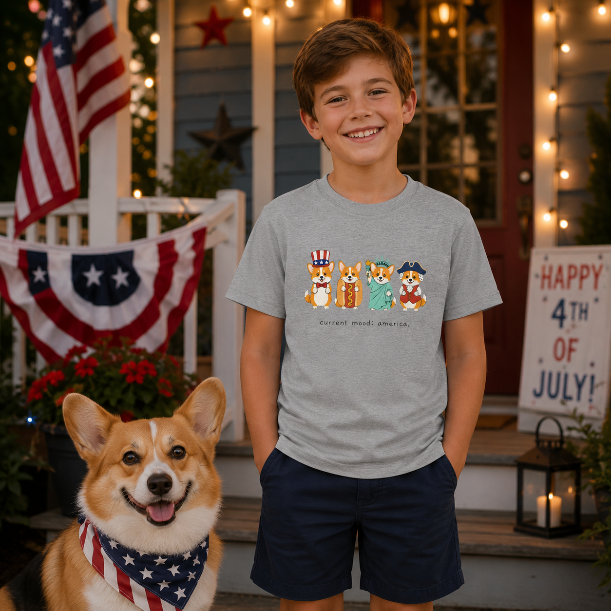Current Mood: America — Fourth of July Corgi Kids Tee